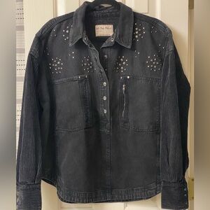 Free People We The Free Lana Denim Pullover Washed Black Studded Loose Top - L
